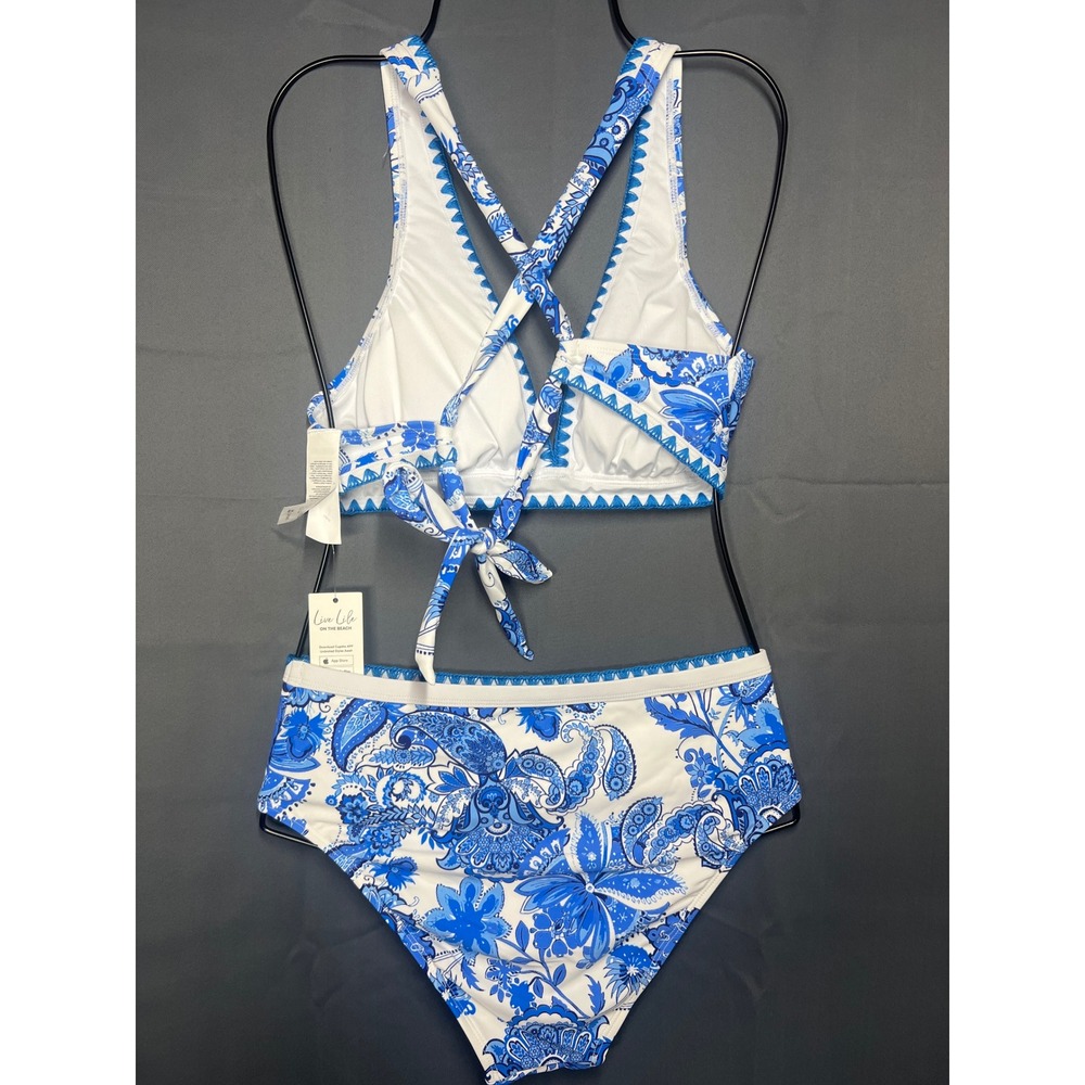 Cupshe Blue White Floral Paisley High Waisted Bikini Set Small New - Picture 2 of 4